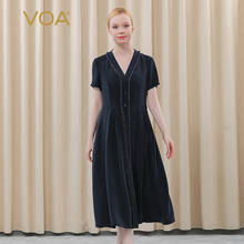 VOA Heavy Silk Yellow Pair Silk Gauze Wood Ear Kimono Collar Single-breasted Short-sleeved Cardigan Navy Blue Women Dress AE522 2024 - buy cheap