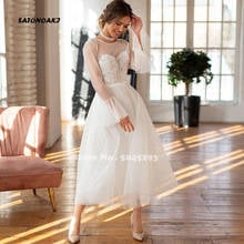 Simple Princesa Wedding Dress 2021 Appliques Long Sleeves Tea-Length Beach A-Line Bride Gown Robe De Mariée Vestidos Sukienki 2024 - buy cheap