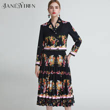 Janeyiren Fashion Set Autumn turn-down collar Long sleeve Double breasted jacket Tops+Pleated skirt Vintage Print Two-piece sets 2024 - buy cheap