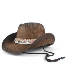 Chapéu de vaqueiro ocidental, chapéu de palha da moda feminino para o verão, com borla, para praia, cowgirl, chapéu de sol 2024 - compre barato