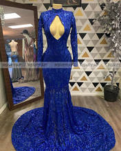 Женское длинное платье-русалка, синее платье с вырезом спереди и открытой спиной, длинным рукавом и высоким воротником, платье для выпускного вечера, 2022 2024 - купить недорого