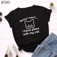 Jcgo camiseta feminina de algodão, camiseta de manga curta, estampa de letras engraçada de gato, camiseta feminina casual de tamanhos grandes 2024 - compre barato