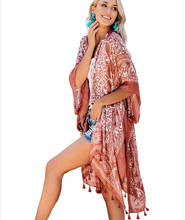 AYUALIN-kimono largo bohemio para mujer, túnica con flecos para playa, cárdigan de verano con estampado floral étnico, bata de bikini para nadar 2024 - compra barato