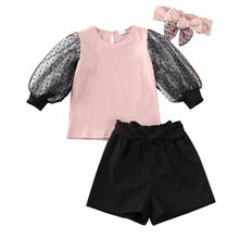 3PCS Toddler Baby Girls Autumn Summer Puff Sleeve Patchwork T-shirts Tops+Mini Shorts Headband Outfits Set 1-6Y 2024 - buy cheap