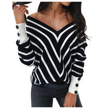 Autumn winter clothes women Sweater Sexy V Neck Loose Pullover Women Warm Casual Striped Long Sleeve Blouse jersey mujer 2024 - buy cheap