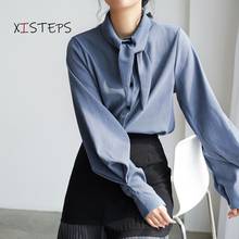 Blusas femininas retro elegante lanterna manga camisas senhoras escritório trabalho usar blusas branco azul preto roupas soltas das mulheres topos 2024 - compre barato