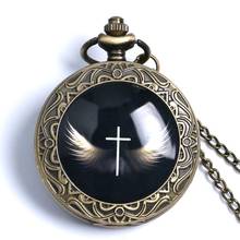 Antique Retro Cross With Angel Wings Design Bronze Quartz Pocket Watch Black Fob Watch With Necklace Chain Pendant Jewelry Watch 2024 - buy cheap