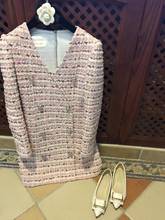 2020 autumn winter women elegant pink v-neck tweed dresses long sleeve double breasted slim bodycon mini dress Y655 2024 - buy cheap