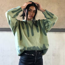 Women Korea Green Stripped Sweater Kawaii Green Striped Print Sweater Winter O-Neck Loose Long Sleeve Streetwear Warm Outerwear 2024 - buy cheap