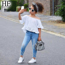 HE Hello Enjoy Summer Baby Girl Clothing Print Lace Short Sleeves Tops + Solid Color Jeans Suit Girl Casual Clothes Kid Clothing 2024 - buy cheap