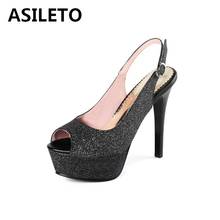 ASILETO New Women Sandals 2021 Peep Toe 13cm Super High Thin Heels Platform Buckle Bling Elegent Stylish Big Size 34-45 S2116 2024 - buy cheap