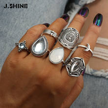 Jshine 7 argolas vintage cor prata gota d' água opala grande falange de prata conjunto de anéis de dedo feminino boêmio joias 2024 - compre barato