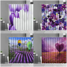 Занавеска для душа с весенними цветами, ландшафтом, фиолетовые тюльпаны, лаванды, цветы, занавески для ванны, декор для ванной комнаты, водонепроницаемый экран из полиэстера 2024 - купить недорого