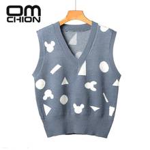OMCHION Plaid Waistcoat 2021 Spring Geometric Print Vintage Brown Sweater Vest Women Loose Korean V-neck Knitted Tops BN77 2024 - buy cheap
