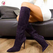 Intenção original super sexy roxo joelho botas altas mulher apontou dedo do pé fino salto alto elegante senhora sapatos de inverno tamanho grande 4-15 2024 - compre barato