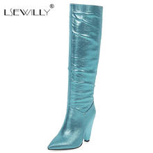 Lsewilly Pleated cowboy boots pink blue glitter bling boots for woman big size 34-48 winter spike high heels knee-high boots 2024 - buy cheap