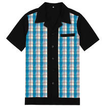 50s Inspired Vintage Men Shirt ST111 Blue Plaid Black chemise homme Bowling Casual Shirt Cotton Men Clothing 2024 - buy cheap