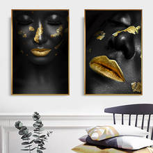 Retrato de labios de mujer dorada negra africana abstracta, pintura en lienzo, carteles impresos, arte de pared, imagen para decoración de sala de estar 2024 - compra barato