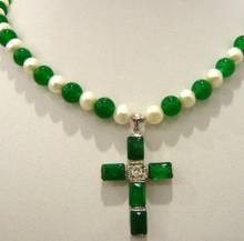 Free shipping white pearl & green natural JADE cross pendant necklace 2024 - buy cheap
