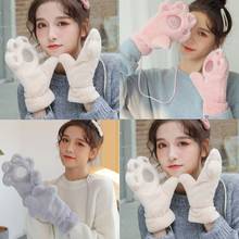 Women Winter Thick Fluffy Plush Full Finger Gloves Cartoon Bear Paw Embroidery Student Outdoor Warm Mittens with String 2024 - buy cheap