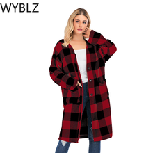 Wyblz jaqueta feminina grande, casaco longo xadrez outono inverno plus size, casaco de malha longo casual 2024 - compre barato