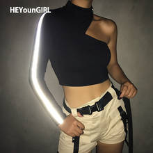 HEYounGIRL Холтер Черный на одно плечо топ светоотражающие полосы футболка с длинным рукавом для женщин Harajuku Готический повседневная женская футболка осень 2024 - купить недорого
