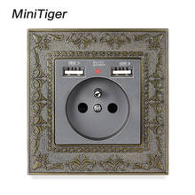 Minitiger-Panel de alimentación Retro de alta gama, 16A, estándar francés, aleación de Zinc, doble USB 2.1A, con puerto de carga, Panel en relieve 2024 - compra barato