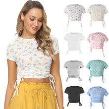 2021 Women Sexy Floral Print Slim Crop Top T Shirts Summer Short Sleeve Ruffle Round Neck Casual Tees Party Bodycon Solid Color 2024 - buy cheap