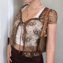 Short Sleeve Lace Blouse Brown See Through Sexy Crop Top Women Floral V Neck Club Party Ladies Shirts Summer 2024 - buy cheap