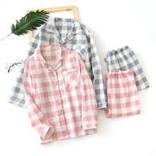 Men and Women Pure Cotton Double Layer Gauze Long Sleeve Pants Pajamas Lovers Plaid Printing Sleepwear Plus Size Couple 2 Piece 2024 - buy cheap