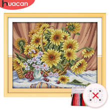 Huacan bordado conjuntos de girassol ponto cruz flor kits lona branca decoração para casa needlework 11ct 14ct diy presente 2024 - compre barato