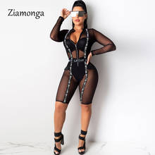 Ziamonga Mesh Letter Printed Playsuit Women Long Sleeve Romper See Through Sexy Club Party Bodycon Midi Jumpsuit Dropshipping 2024 - buy cheap