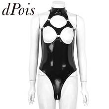 Womens Wet Look Patent Leather Lingerie Halter Neck Sleeveless Hollow Out Nipples Open Back Crotchless Thong Leotard Bodysuit 2024 - buy cheap