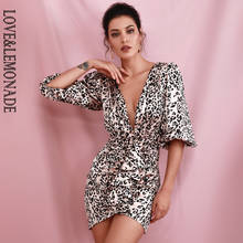 LOVE & LEMONADE Sexy Deep V-Neck Ruffled Lantern Middle Sleeve Mini Pink Leopard Print Dress LM82198-1 2024 - buy cheap