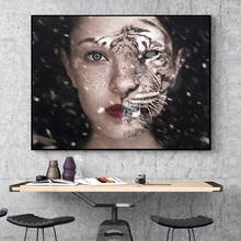 Impressão em tela pintura fantasia leopardo rosto menina arte da parede abstrato cartaz decorativo para sala de estar decoração casa cuadros 2024 - compre barato