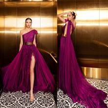 2020 Evening Dresses One Shoulder Lace High Side Split Prom Gowns Sexy Backless Sweep Train A Line Special Occasion Dress 2024 - buy cheap