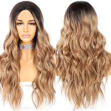 Krismile Long Wavy Synthetic Lace Wigs T Part Ombre Brown Middle Part Wig High Temperature Party Cosplay Daily for Women Wear 2024 - buy cheap