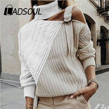 LADSOUL 2019  Winter Autumn Ribbed Sweaters Top Turtleneck Long Sleeve Knitted  Sweater Women Sexy Shoulder Patchwork Pullover 2024 - buy cheap