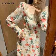 JuneLove-vestido bohemio de manga larga para mujer, elegante vestido Floral con cuello cuadrado de encaje, Estilo Vintage francés para Oficina, primavera 2021 2024 - compra barato