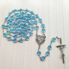 QIGO Blue Heart Acrylic Rosary Necklace Long Vintage Cross Necklace Religious Jewelry Gifts 2024 - buy cheap