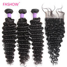 Fashow Brazilian Deep Wave Hair Bundles with Closure 100% Natural Human Hair 3 Bundles Deep Cury hair With 4X4 Free Part Closure 2024 - buy cheap