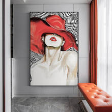 Cuadro de chica Sexy con labios rojos y gorro, a la moda, de la lona y del estilo blanco y negro, para pared de Salón de Arte 2024 - compra barato