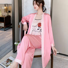 Sexy printed pajamas summer ice silk three-piece set light luxury pajamas for women 2024 - buy cheap