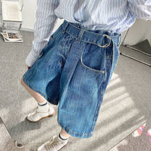 Мужские синие джинсы в стиле ретро, с поясом Широкие джинсовые повседневные штаны-шаровары мужские пляжные шорты Свободные потертые джинсовые шорты свободные прилив модные джинсы 2024 - купить недорого