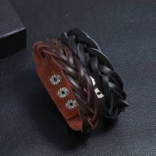 Niuyitid pulseira de couro genuíno trançado a mão, bracelete masculino feminino, preto, marrom, pulseira masculina de couro 2024 - compre barato
