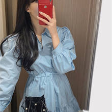 One-Piece Korean Women'S Clothing Fashion Chic Solid Color Lace-Up Receive Waist Puff Sleeve Polo Collar Long-Sleeved Dress 2021 2024 - buy cheap