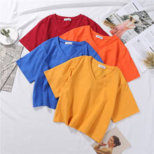 2022 Summer Short Sleeve T Shirts Women Cotton Solid T-shirt V Neck High Waist Crop Top Tee Female Casual Loose T Shirt 2024 - buy cheap