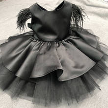 Black New Baby Girl First Birthday Dress Satin Puffy Tulle Feather Sleeves O Neck Princess Flower Girl Dress Ceremony 2024 - buy cheap