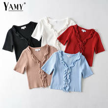 Summer cardigan blouses ruffle crop top elegant short sleeve shirt korean fashion vintage blusas streetwear cute tops 2022 2024 - buy cheap