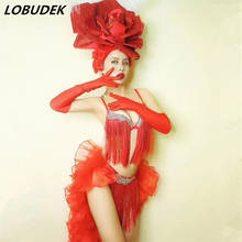 Женский танцевальный костюм для ночного клуба, красный головной убор с большим цветком, украшенный стразами, сексуальная одежда для бара, к... 2024 - купить недорого